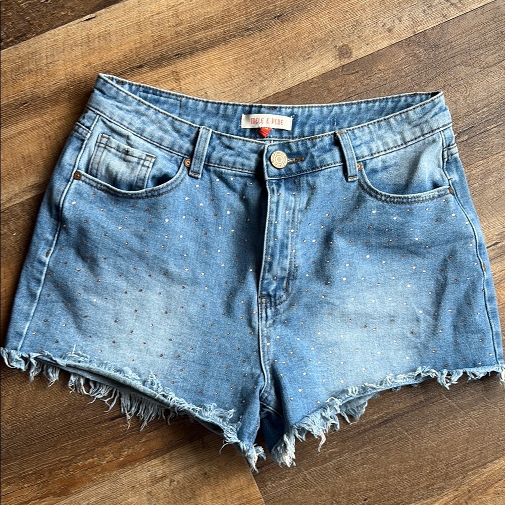 Rhinestone Blue Jean Shorts with Distressed Raw-Edge Hem